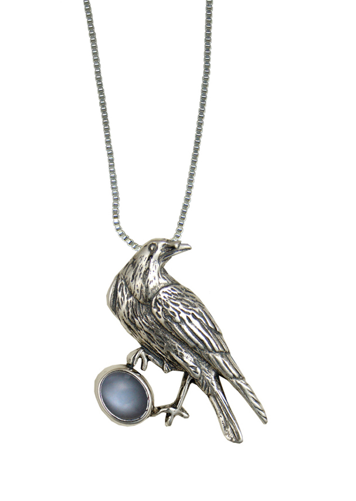 Sterling Silver Raven Pendant With Grey Moonstone